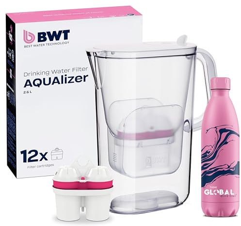 BWT Wasserfilter AQUAlizer 2,6L +12 Magnesium Filterkartuschen und Climate Bottle | Wasserfilter Trinkwasser | Thermosflasche | Filtert Kalk, Chlor, Blei & Kupfer