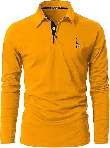LIUPMWE Mens Polo Long Sleeve Shirt Cotton Golf Giraffe Tennis T-Shirt Tops,Yellow-09,XL
