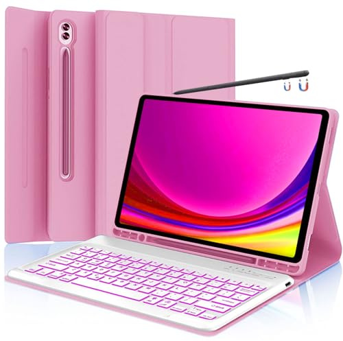 Funda con teclado para Samsung Galaxy Tab S10+ Plus/S9 Plus S9 FE+/S8 Plus S8+/S7 Plus S7+ S7 FE de 12.4 pulgadas, funda con teclado retroiluminado con soporte para bolígrafo, color rosa
