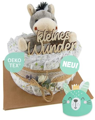 Windeltorte ® Vintage Torte [JUTE & HOLZ] - Jungen & Mädchen - Neutral Unisex - Geschenk zur Geburt - Baby Party - Babyshower - Pullerparty - Caketopper (Boho - Vintage - KLEINES WUNDER - 1-stöckig)