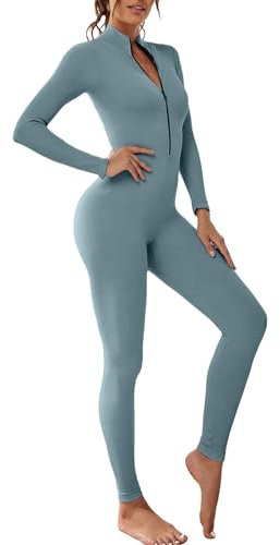 OEAK Damen Sport Jumpsuit Lang Eng Yoga Overall Langarm V-Ausschnitt Playsuits mit Reißverschluss Jogging Strampler Hosenanzug Trainingsanzug,Hellblau,XL