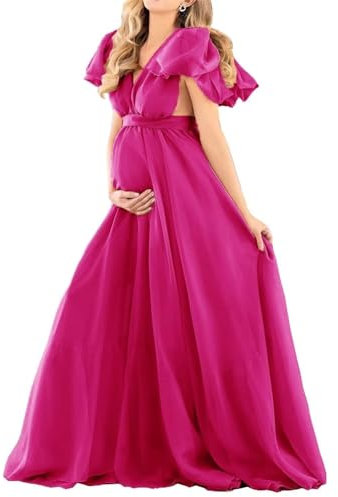 Vestaglia con spalle scoperte per servizi fotografici maternità Prospettiva lunga vestaglia gonfia tulle trasparente per le donne WSXYF5, Fucsia, L