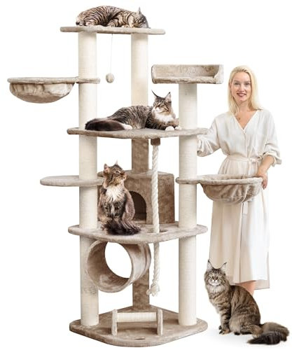HAPPYPET Großer Kratzbaum Stabil 'Parker' 171 cm - 11 cm Stämme, Haus & Spieltunnel, Große Liegemulden, Kratzrolle, Kletterbaum XXL Katzenbaum für Katzen, Cappuccino