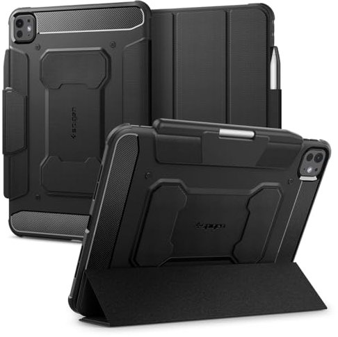 Spigen Rugged Armor Pro Hülle für iPad Pro 11 Zoll 5.Generation M4 (2024) Case mit Stifthalter Auto Schlaf/Wach Funktion stoßfeste Schutzhülle mit veganem Veloleder - Schwarz