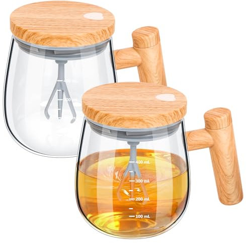 RMERVE 13.5 Oz Self Stirring Coffee Mug with Lid and Handle Glass Self Stirring Coffee Mug Battery Power Electric High Speed Mixing Cup For Stir Mixed Drink Milk Protein for Office Home, 2PCS (Clear)