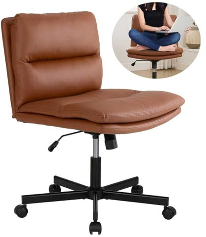 UEV Bürostuhl ohne Armlehnen,Lesesessel mit breiterem Kissen für Schneidersitz,Wippfunktion 90°-120°,Schminktischstuhl belastbar bis 150 kg, Schreibtischstuhl mit doppel Polsterung, PU Leder(braun)