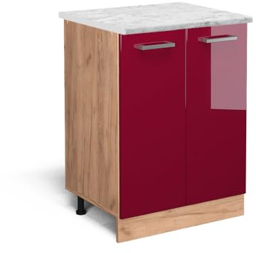 Vicco Stehender Küchenschrank R-Line, Bordeaux Hochglanz/Goldkraft Eiche, 60 cm AP Marmor