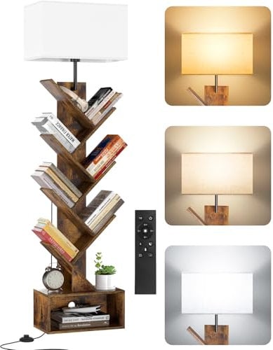 OUTONLIFE 6 Tier Tree Bookshelf with Light & Remote, Small Bookcase with Storage Cabinet, Modern Narrow Corner Bookshelves Organizer, Tall Floor Standing Book Shelf for Bedroom, Living Room, Office