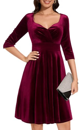 Womens Long Sleeve Velvet Dress Vintage Cocktail Wedding Guest Formal Party Dress V-Burgundy 2XL