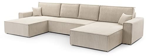 FurniShop24 Ecksofa mit Schlaffunktion und Bettkasten - Eckcouch U-Form, Klappsofa - Schlafcouch zum Wohnzimmer, Modern Design Schlafsofa Mango U: Beige