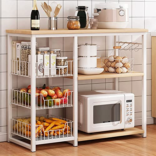 Organizador de cocina de metal con mesa de madera, soporte para microondas y estante de almacenamiento para isla de cocina, 80 cm