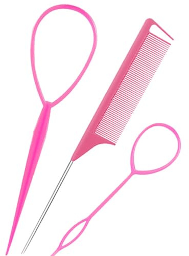 Topsy Tail Hair Tool, 3Pcs Hair Braiding Tool with Rat Tail Comb Tail Hair Tools Hair Loop Pull Through Tools for Making Women and Girls Hair Style (Pink)