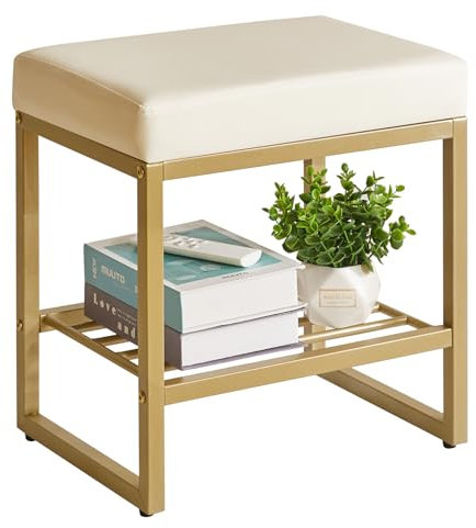 Aibiju Quadratischer Schminktischhocker, Schminkstuhlhocker mit verstellbaren Füßen und Stauraum, kleine Make-up-Hockerbank für Schminktisch, Schlafzimmer, Wohnzimmer, Weiß YD-JD150W