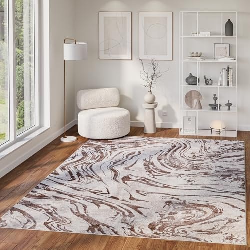 TAPISO Como Teppich Kurzflor Grau Hellbraun Wellen Abstrakt Verwischt Moderner Design Meliert- pflegeleichter, robuster, weicher Teppich fürs Wohnzimmer Schlafzimmer ÖKO-TEX 230 x 240 cm