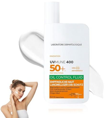 UieaMsio Sonnenfluid, Sonnencreme Wasserfester, Transparent und mattierend, Ohne Duftstoffe, UV 400 Oil Control Fluid LSF 50+ für das Gesicht und ölige Haut, 50 ml