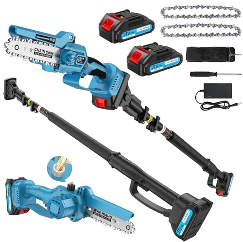 Mini Kettensäge mit Teleskopstange, 2-in-1 6-Zoll Bürstenloser Teleskop Kettensäge mit 2 x 2000-mAh Akkus,1.6m-2.8m Teleskopstange, Bis zu 5 m Schnitthöhe, für Baumschnitt,Gartenarbeit, Heckenschnitt
