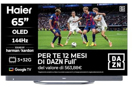 Haier OLED 4K HDR H65C95EUX 65 Smart TV, Google TV, Dolby Audio, Suono Harman Kardon, Movimenti fluidi 144Hz, Controllo Vocale, Bluetooth 5.1, HDMI 2.1 x 4 [2025]
