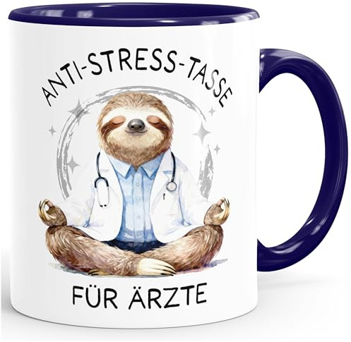 SpecialMe® Kaffee-Tasse Faultier Design Geschenkidee Ärzte Anti Stress Bürotasse Spruch Lustig Arbeit Job Berufe Weiss-innen-navy standard
