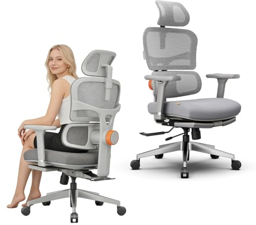 Newtral Office Chair NT002, Ergonomic Desk Chair with Auto-following Lumbar Support, 4D Armrest & 2D Headrest, Backrest Tilt & Height, Seat Depth Adjustment, Footrest, Desk Chair for Home/Office, Grey