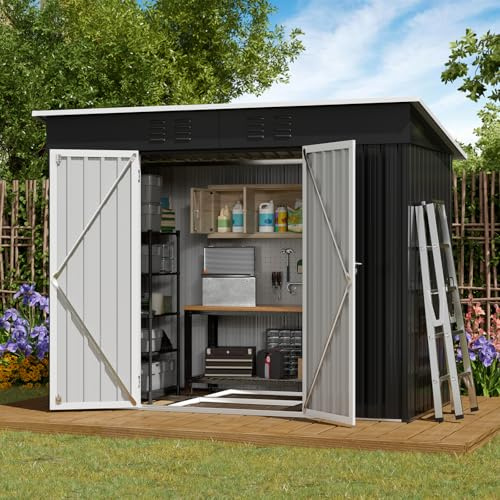 Amopatio Abri de Jardin Métal, Cabane de Jardin Extérieur en Acier Galvanisé, 228 x 109 x 181 cm, Armoire de Rangement Étanche pour Arrière-Cour et Patio, Noir