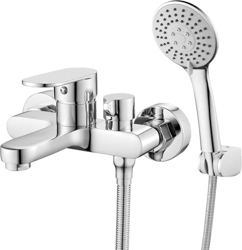 Bath Taps with Shower Attachment Bath Mixer Taps with Shower Head Single Lever Bathroom Mixer Tap Deck Mounted Tub Tap Set 180mm Chrome Brass,3 Mode Handshower, 1.5m Shower Hose Modern