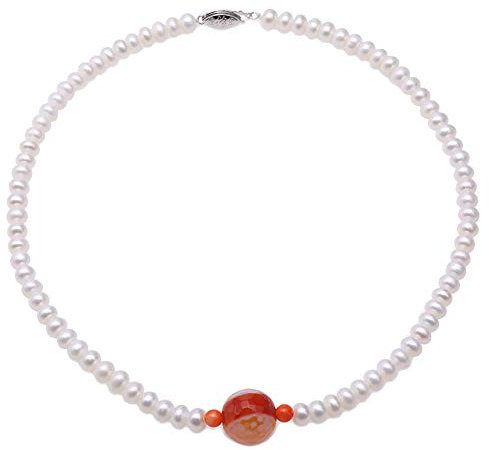 JYX Perlenkette Damen Kette 6-6,5mm Flache Runde Weiße Süßwasser perlen mit Achat Halskette 42cm