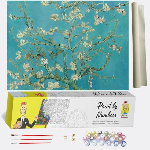 DonElton Peinture par numéros pour Adultes Van Gogh Fleur d'amandier - Kit de Peinture Acrylique par numéros pour débutants Toile pré-imprimée avec 3 pinceaux et Un Ensemble de peintures colorées