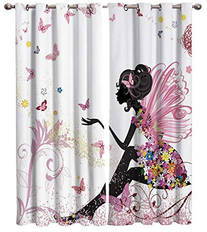 Weiß Vorhang Blickdicht Thermovorhang Schmetterling Mädchen Muster Gardinen Wohnzimmer Vorhänge Kinderzimmer Geräuschreduzierung Dekoration für Schlafzimmer Wohnzimmer Küche Fenster 183x214cm