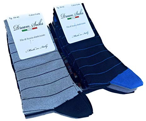DREAM SOCKS 6 paia calze corte da uomo a metà polpaccio in cotone filo di scozia elasticizzate,calzini molto leggeri made in italy rimagliate a mano (43-46, 6 X Set. LIGNES SIMPLES)