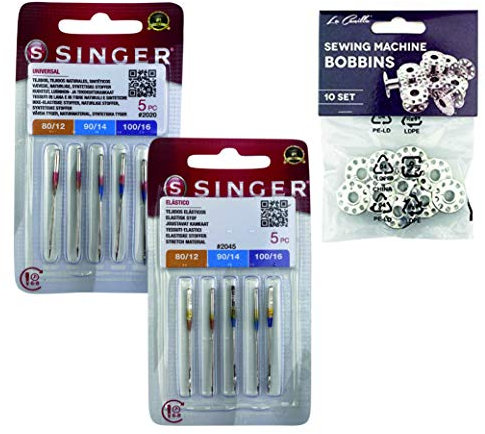 Singer Universal-Nähnadeln, Baumwolle und Strickstoffe, elastisch und Lycra 2020 und 2045, System 130/705 H (einseitig flach) HAx1 und H-S + Metallringe