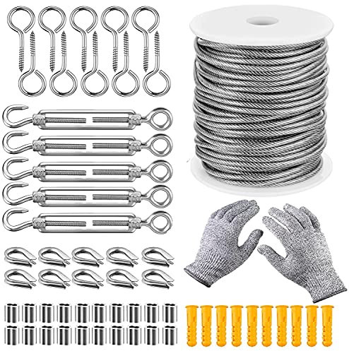 KAHEIGN 58-teilig Drahtseil Set, 30m Edelstahl Stahlseil mit Ösen Haken, 304 Edelstahl PVC-beschichtet Garten Drahtseile mit Seilspanner Spannschloss Ösenschraube für Wäscheleinen Pflanzenzäune