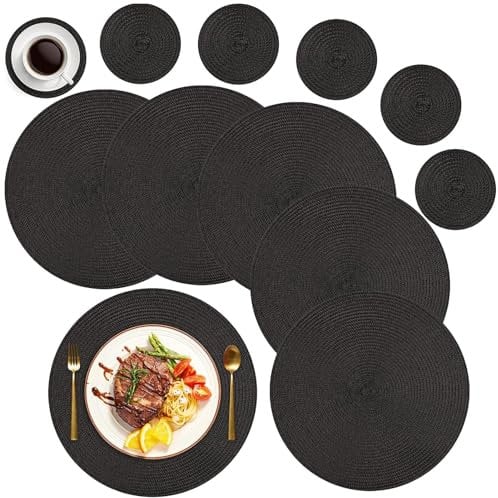 MI CASA Runde Tischsets Abwaschbar 6er Set Platzsets mit Untersetzer, 34cm Gewebte Hitzebeständige Platzdeckchen, Platzteller rutschfest für Küche Geburtstags Party Weihnachten Abendessen - Schwarz