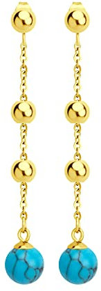 555Jewelry Stainless Steel Turquoise Dangle Earrings, Turquoise Drop Earring, Dangling Stud Earrings for Women, Dainty Beaded Drop Earrings for Ladies, Gold
