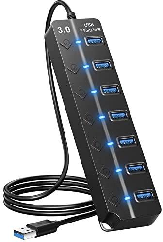 ONFINIO USB Hub 3.0, 7-Port USB Hub Splitter with Individual On/Off Switches and Lights, 3.2ft/1m Long Cable Compatible with MacBook, Laptop, Surface Pro, PS4, PC, Flash Drive, Mobile HDD