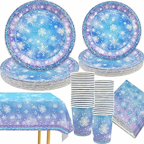 Snowflake Birthday Party Supplies, 121 PCS Christmas Snowflake Paper Plates and Napkins Cups Tablecloth Winter Wonderland Disposable Dinnerware Set for Winter Xmas Holiday Party Decorations 30 Guest
