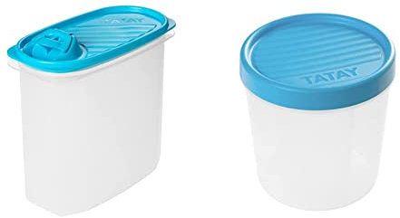 Tatay Porta Gazpacho y Alimentos Fresh, 2L de Capacidad,Color Azul, 1 Unidad Medidas 18,4 x 9,7 x 19 cm & Fiambrera de Alimentos, Hermética, 1L de Capacidad,Color Azul. Medidas: 12 x 12 x 12,5 cm