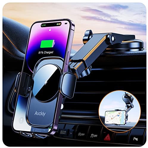 Auckly 15W Support Telephone Voiture Induction, Qi Chargeur iPhone Voiture Accesoire sans Fil Rapide Automatic Porte Voiture Ventouse pour iPhone 12/13/14/15/16 Pro Max Mini Plus (Ventouse)(Noir)