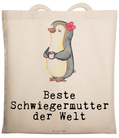 Mr. & Mrs. Panda Tragetasche Pinguin Beste Schwiegermutter der Welt - Geschenk, Mama, Laptoptasche, Dankeschön, Uni Tasche, Jutebeutel, Geschenkidee, Schwiegereltern, Mutter, Schwiegermama, Tote Bag