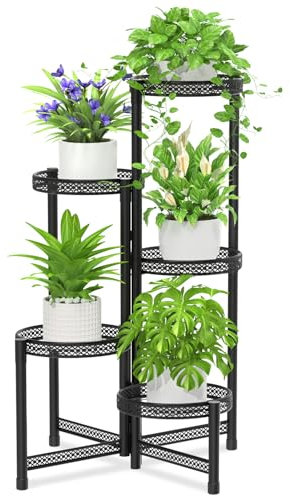 iDavosic.ly 5 Tier Iron Plant Stand for Indoor Outdoor, Corner Tiered Plant Shelf for Multiple Plants, Foldable Tall Flower Holder Display Rack for Living Room Garden Patio Balcony, Black