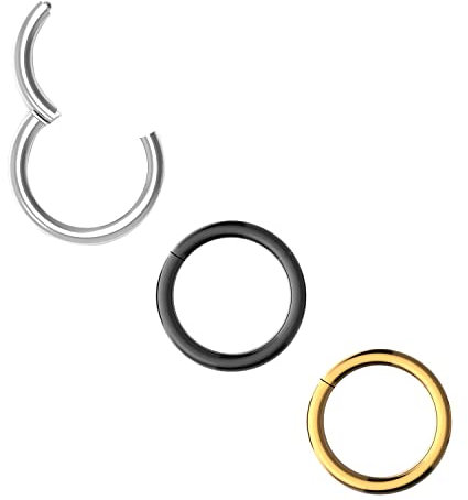 Body CAC 3 Stück-1,2mm×7mm 316L Chirurgenstahl Hinged Rings Hoop Septum Ringe Piercing Lip Helix Knorpel Rook Ohrringe, Gold/Silber Ton/Schwarz