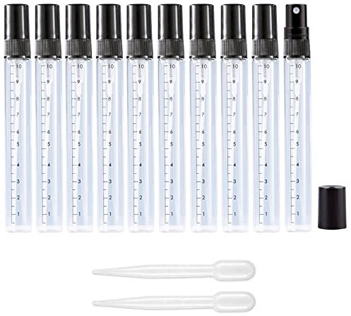 Apstaqeoo 10Pcs, 10Ml Empty Glass Spray Bottles with Scale - Clear Mini Sample Perfume Atomizer Vial Travel Bottles Set with Fine Mist Sprayer & Black Dust Cap Perfect for Fragrance, Essential Oils