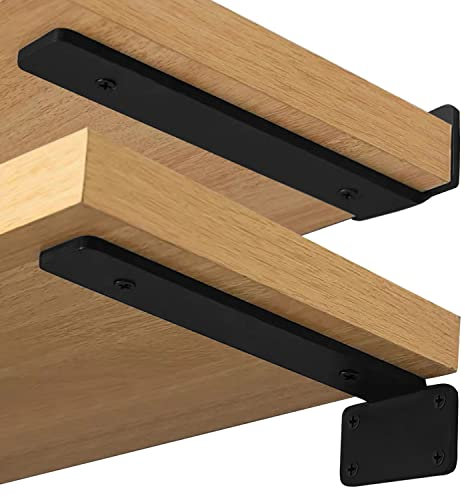 Oursouion Robuste Regalhalterungen, 4 Stück, 1.27 cm, dickes Metall, zur Wandmontage, versteckte Regalhalterungen, schwarze Metall-L-Halterungen für Regale, 20.3 cm