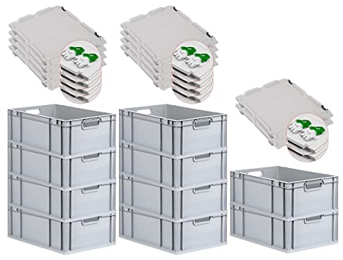 PROREGAL SuperSparSet 10x Eurobox NextGen Grip mit Scharnierdeckel und grünen Schiebeschnappverschlüssen, HxBxT 22x40x60cm, 44 L, Grau, Griffe offen, Eurobehälter, Transportbox
