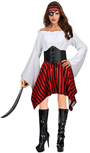 NUWIND Damen Piraten Kostüm 5-teillig Set Mittelalter Renaissance Bluse Tops Korsett Gürtel Gestreifter Rock Kopftuch Augenklappe für Halloween Verkleidung Cosplay Outfit (M)
