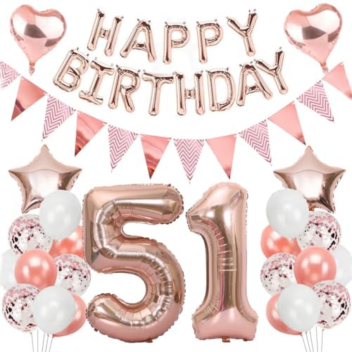 Ouceanwin Geburtstagsdeko 51 Jahre Frau, Rosegold Luftballon 51. Geburtstag Dekoration Set, Folienballon Zahl 51, Helium Ballon Happy Birthday Girlande für 51. Geburtstag Frauen Party Deko