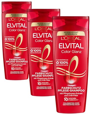 L'Oréal Paris Elvital Farbschutz Shampoo für coloriertes, getöntes oder gesträhntes Haar, Mit Pfingstrosen Extrakt und UVA-/UVB- Filter, Color Glanz Pflegeshampoo, 1 x 300 ml (Packung mit 3)