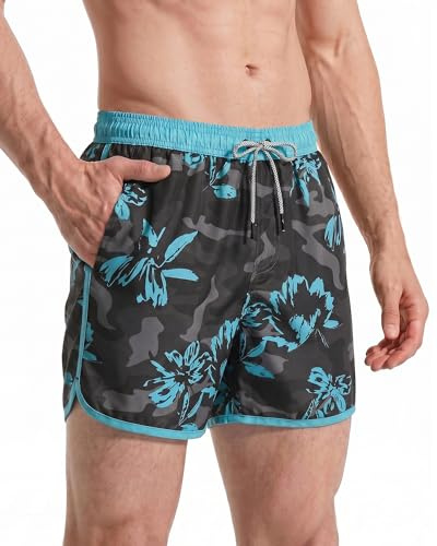 maamgic Badehose Herren Kurz Retro Badeshorts Schnelltrocknend Meshfutter | Retro-Design, kontrastierender Bund, schnelltrocknend, wasserabweisend, knitterarm, Seitentaschen, Klett-Tasche, Kordelzug
