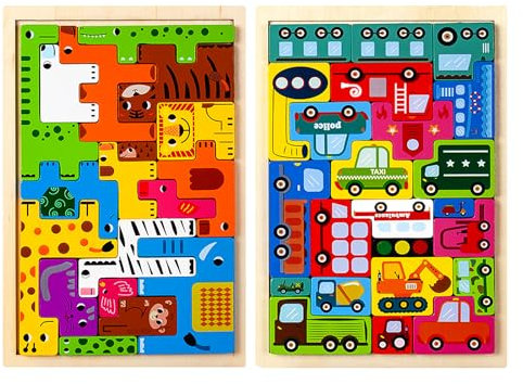 YUNJYI'S 2-teiliges Set Tiere und Fahrzeuge Holz Puzzle,Tetris, holzpuzzle ab 3 Jahre, Montessori Spielzeug,Holzpuzzle Box Gehirn Spiel Baustein Intelligenz pädagogisches Geschenk für Kleinkinder