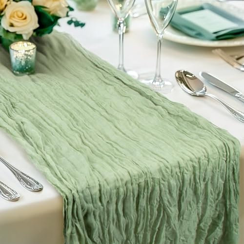 MAQIHAN Käsetuch Tischläufer Salbeigrün - 90 x 300 cm Baumwollgaze Boho Musselin Tischläufer Cheese Cloth Hausbett Himme Grün Tischdeko Tischband Hochzeit Geburtstag Weihnachtsfeier Babyparty Deko