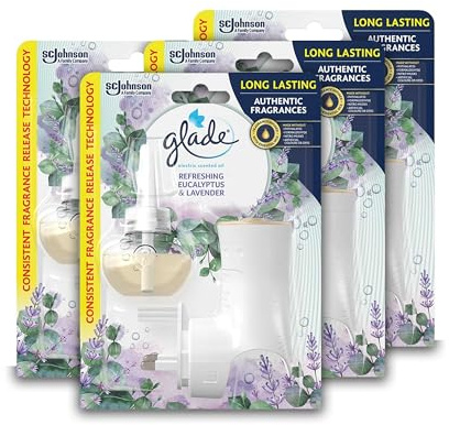 Glade Plug in Air Freshener Holder and Refill, Electric Scented Oil Room Air Freshener, Eucalyptus & Lavender, Pack of 4 (4 x Holder and 4 x 20 ml Refill)